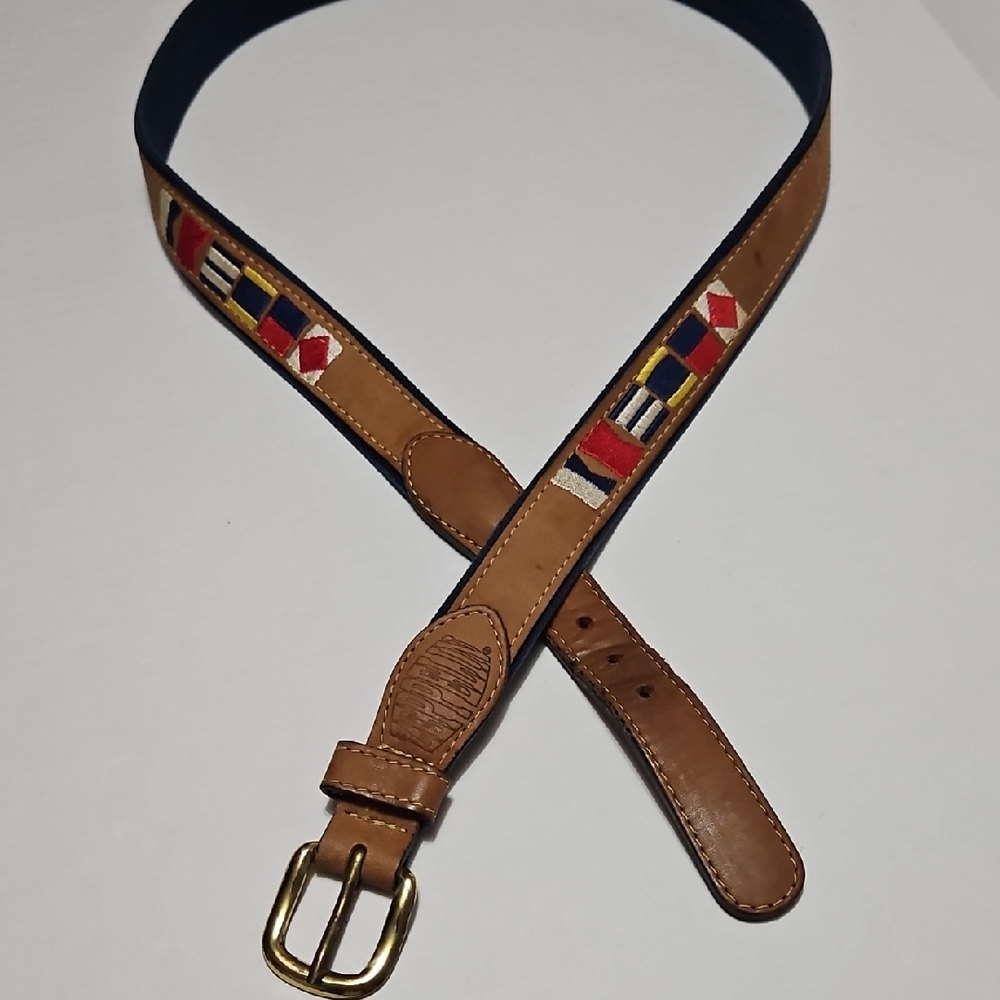 Zeppelin Brown Leather & Blue Belt with Nautical Flags Brass Buckle Size 44